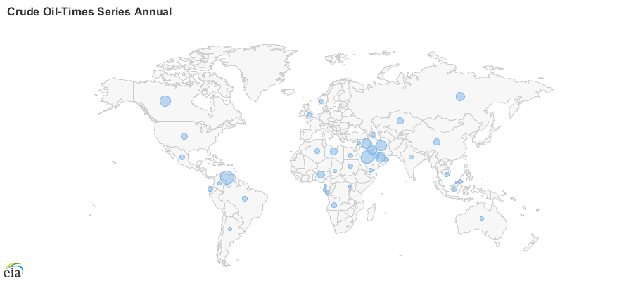 World map with blue circles representing the size of oil reserves in each country