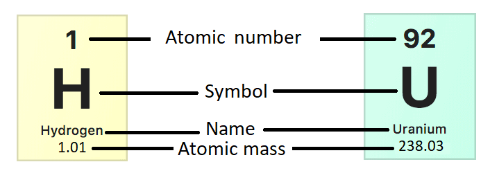 The cells representing hydrogen and uranium from the periodic table of elements.
