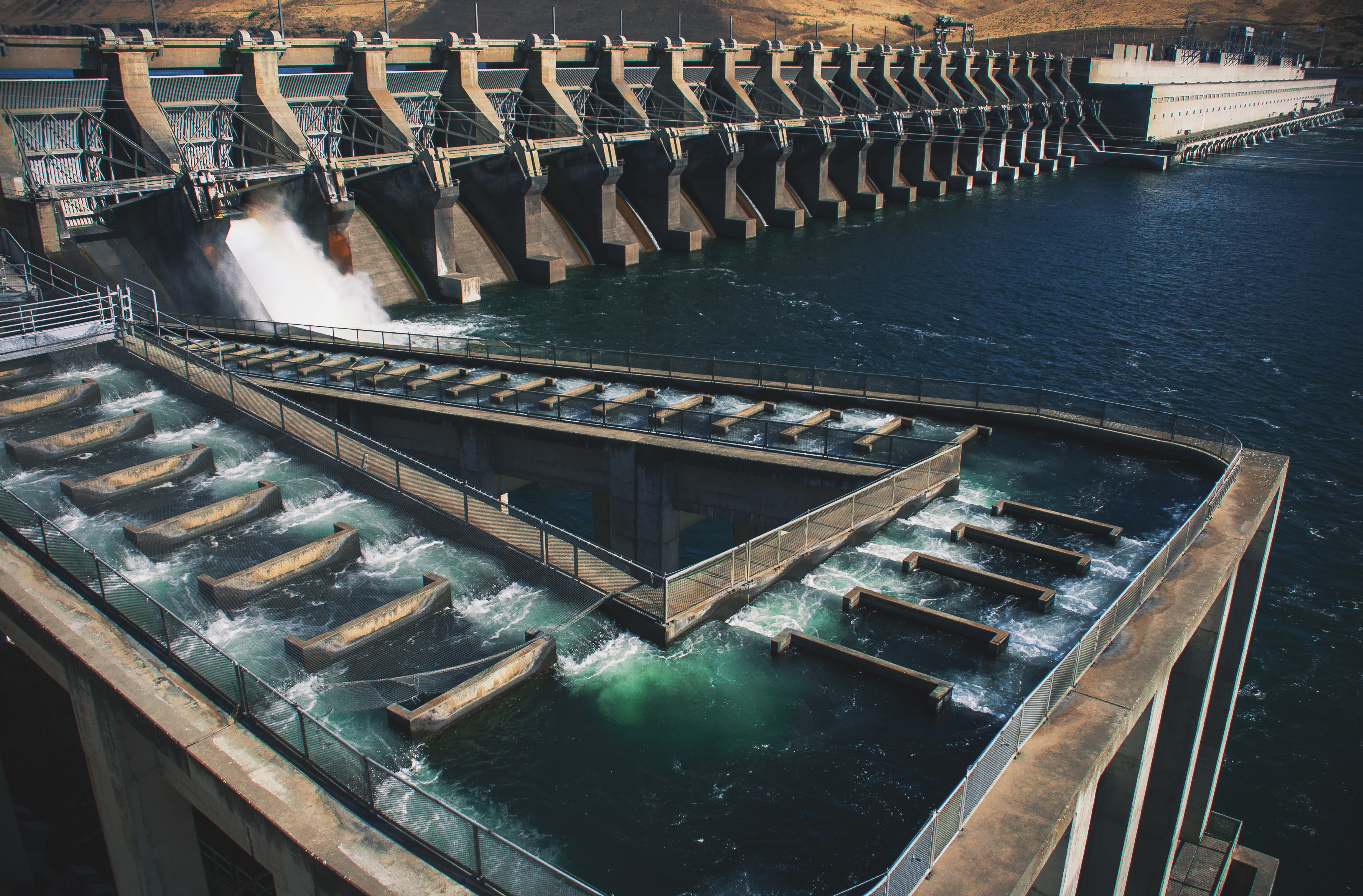 A fish ladder. A spiraling network of stairs are flooded with water.
