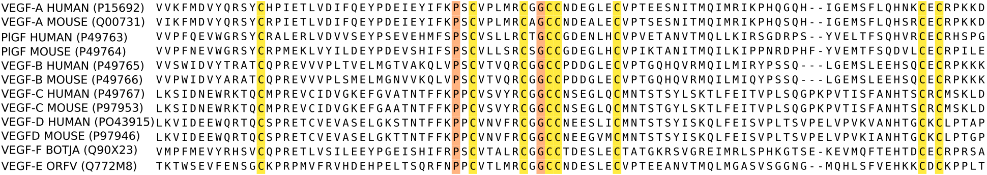 Una alineación de aminoácidos en una proteína para ratones y humanos. Cada línea representa la secuencia de un individuo diferente. Cada letra representa un aminoácido.