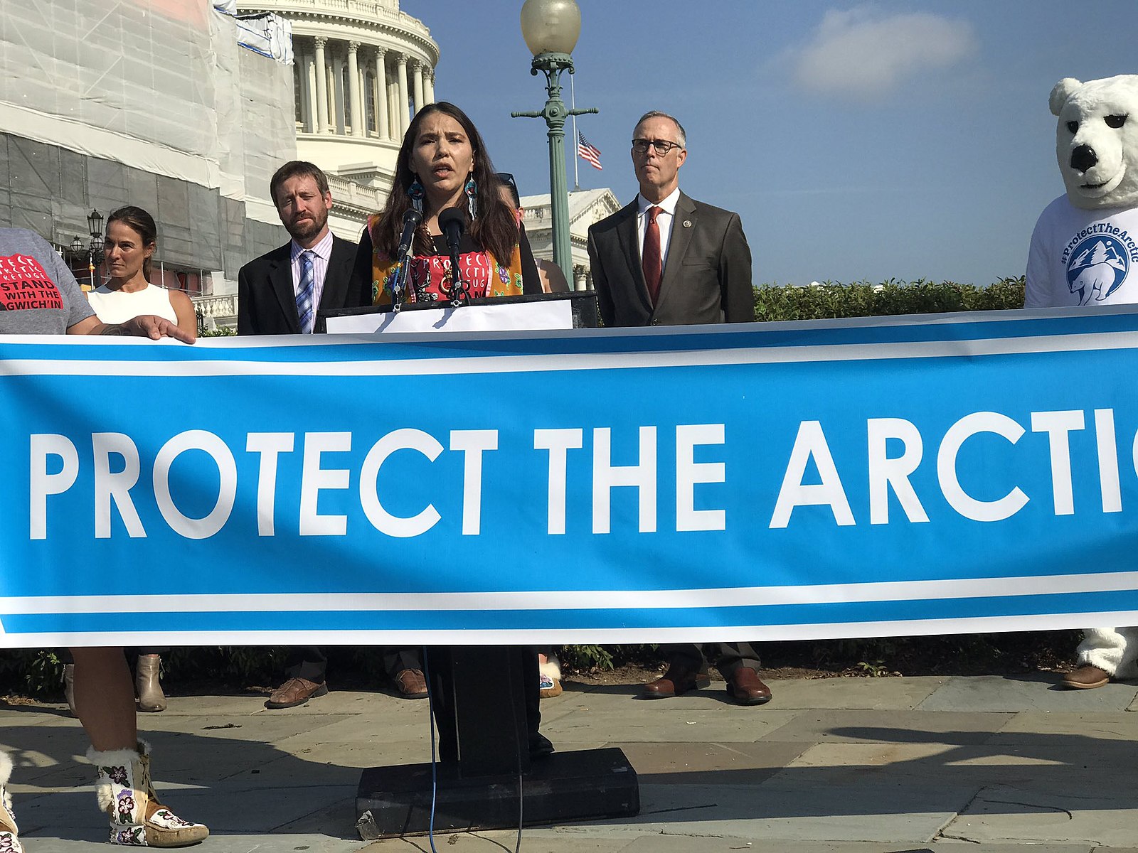 Bernadette Demietieff speaking in support of protect the Arctic to protect Gwich'in land from oil drilling.