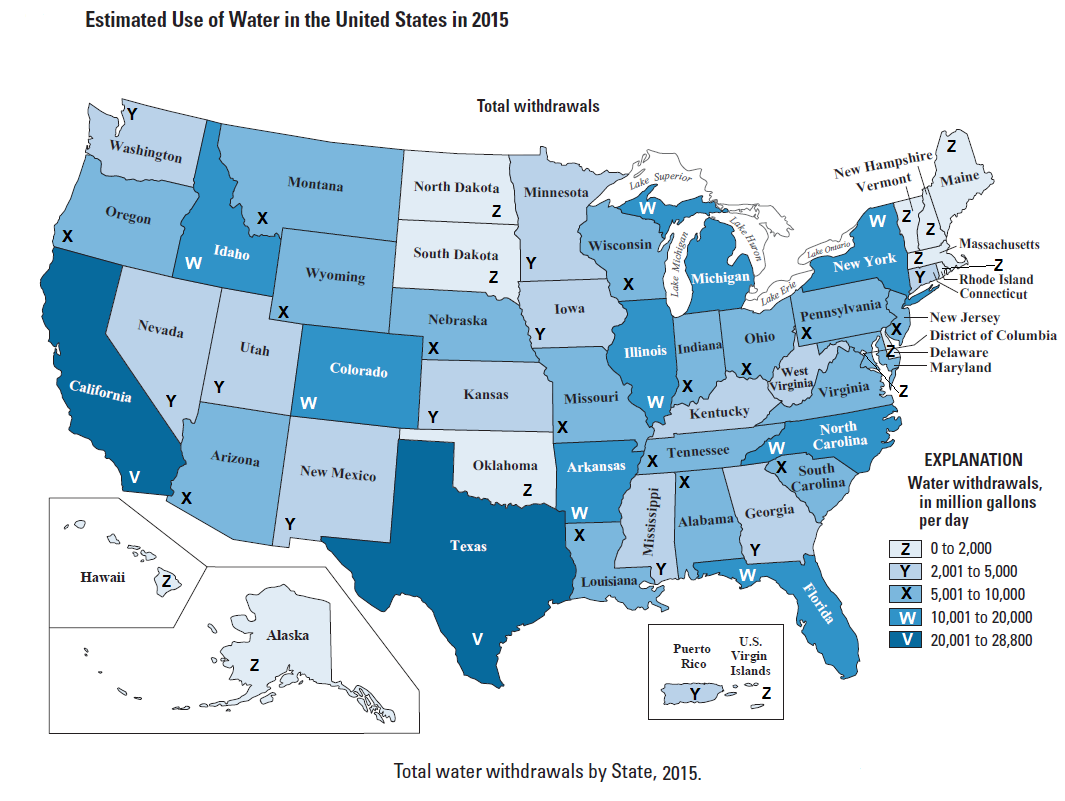 United States map shading states based on water withdrawals in millions of gallons per day