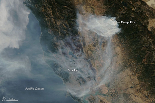 An aerial view of smoke from the Camp Fire in California.