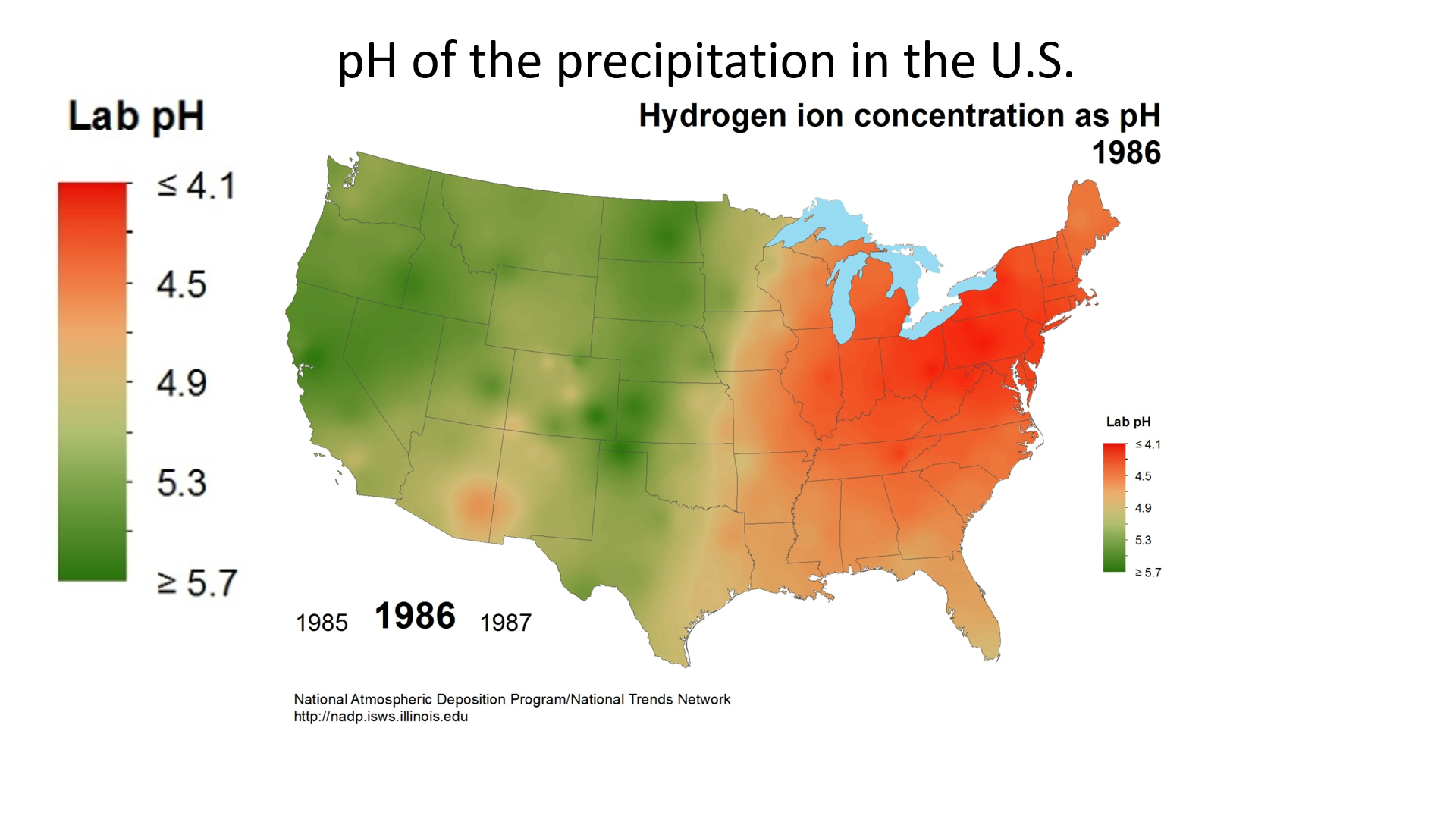 Ramani ya pH ya mvua nchini Marekani mwaka 1986