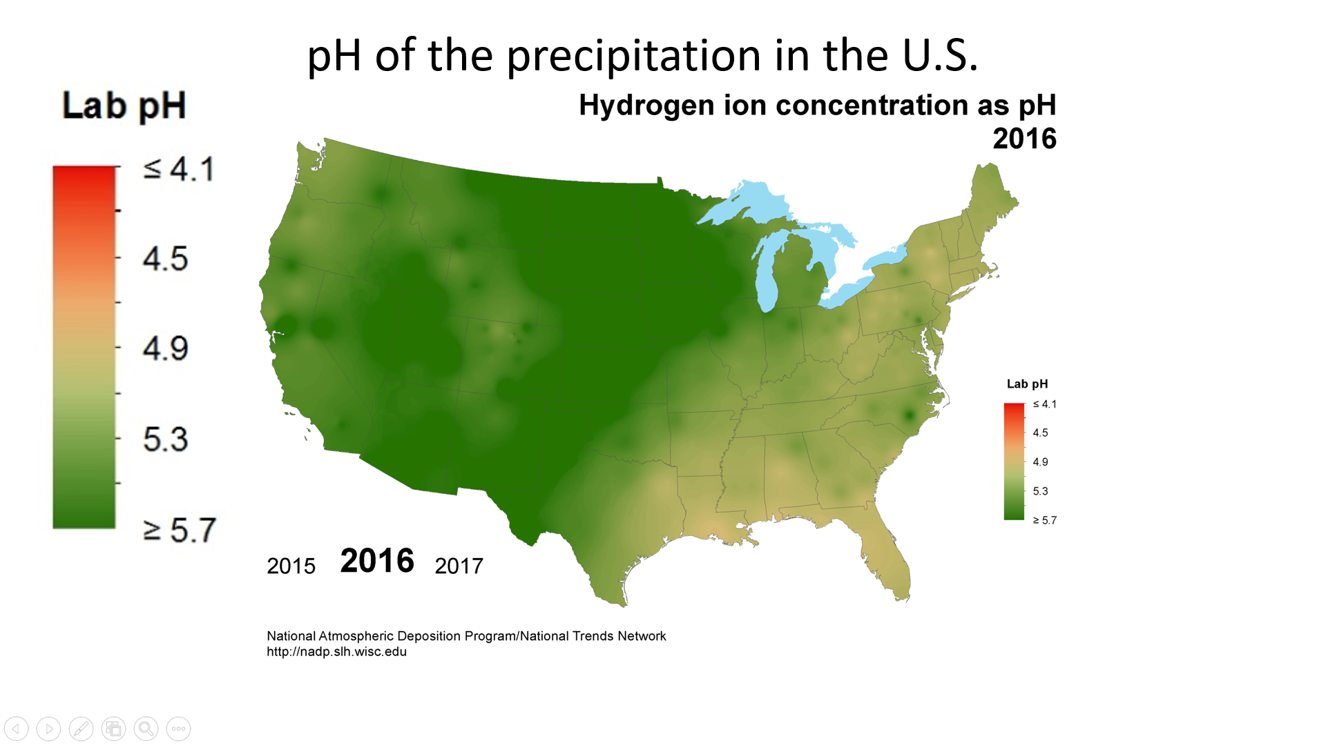 A map of the pH of precipitation in the U.S. in 2016