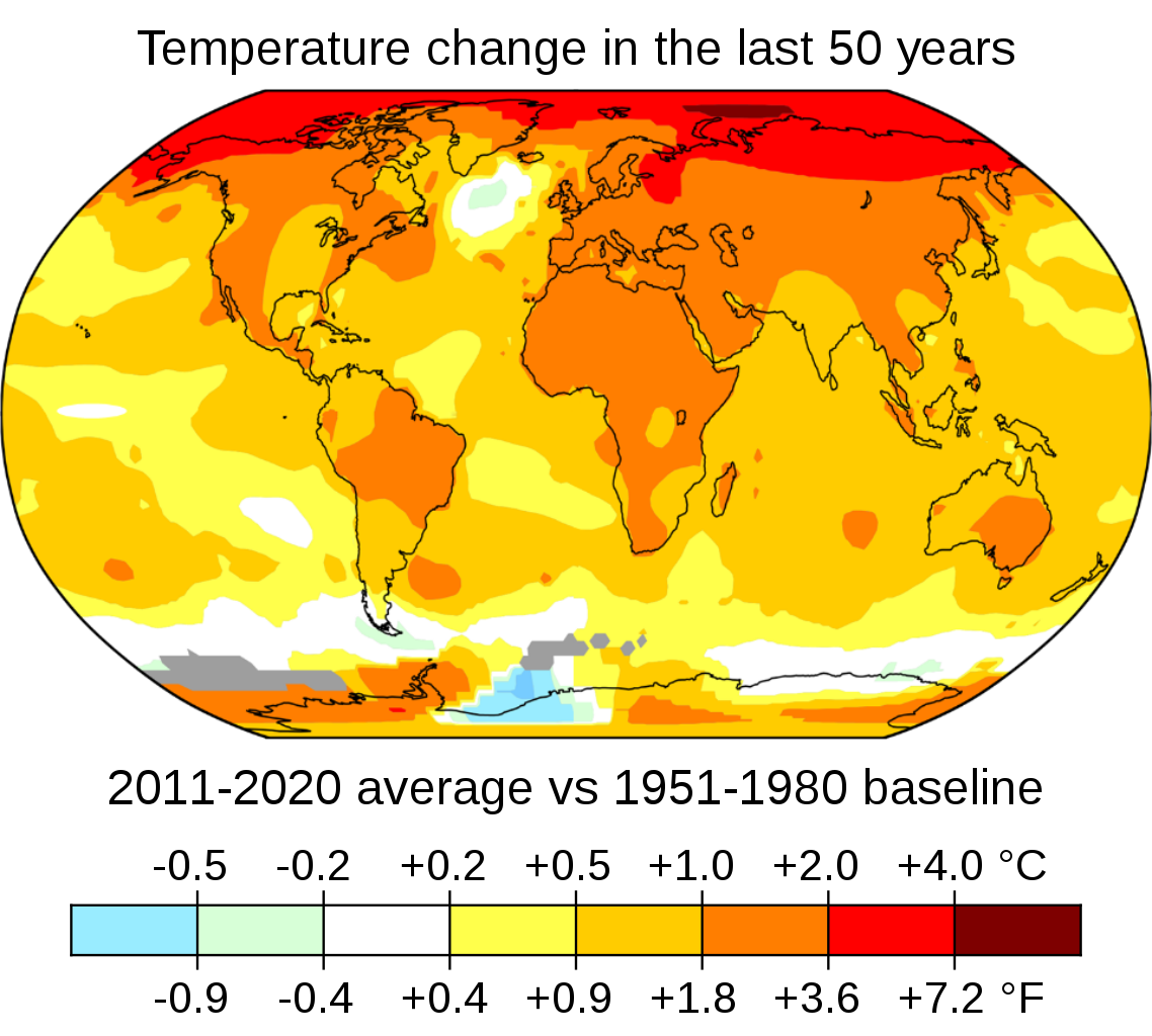 World map with mostly red, orange, and yellow, indicating increases in average global temperature since 1951-1980