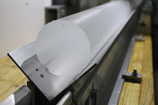 A long, cylindrical ice core