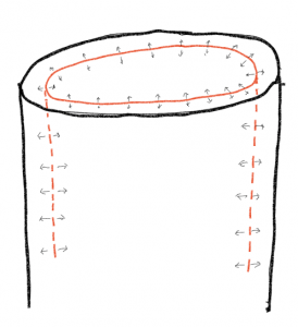 An image showing one, smaller cross section of a stem in red, arrows pointing in either direction to a bigger cylindrical stem cross-section drawn in black