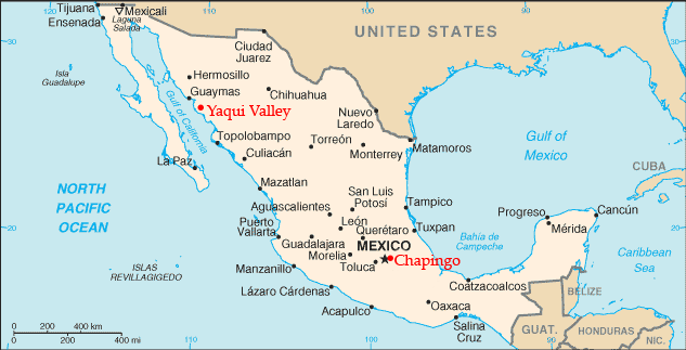 Locations of Norman Borlaug's research stations in Mexico.​