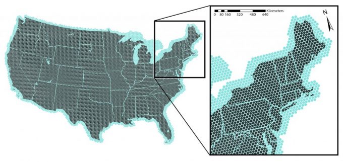 Figure 2.4. The EMAP base grid overlain on the United States. There are about 12,600 points in the conterminous U.S. with approximately 27 km between points in each direction. A fixed position that represents a permanent location for the base grid is established, and the sampling points to be used by EMAP are generated by a slight random shift of the entire grid from this base location.