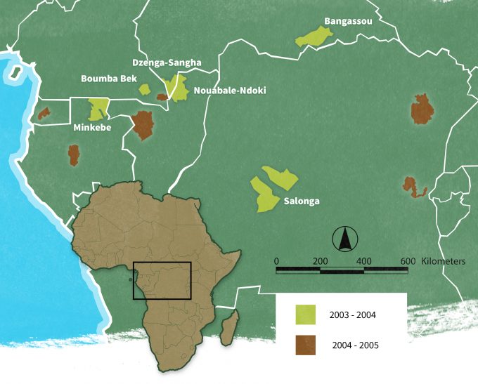 Figura 2.7. El conjunto de sitios MIKE en los bosques ecuatoriales de África Central. Con permiso de S. Blake.