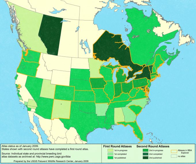 Figura 2.10. Distribución y estado de atlas de aves reproductoras en todo Estados Unidos y Canadá. Los estados más oscuros han completado o están en proceso de completar un segundo atlas. Mapa creado utilizando Breeding Bird Atlas Explorer.