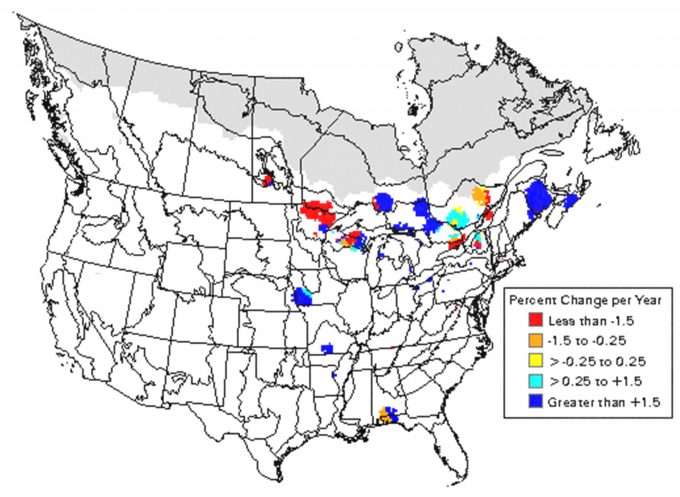 Figura 5.10. Cambios pronosticados en la abundancia de becadas estadounidenses en el rango de especies (de Sauer et al. 2001).