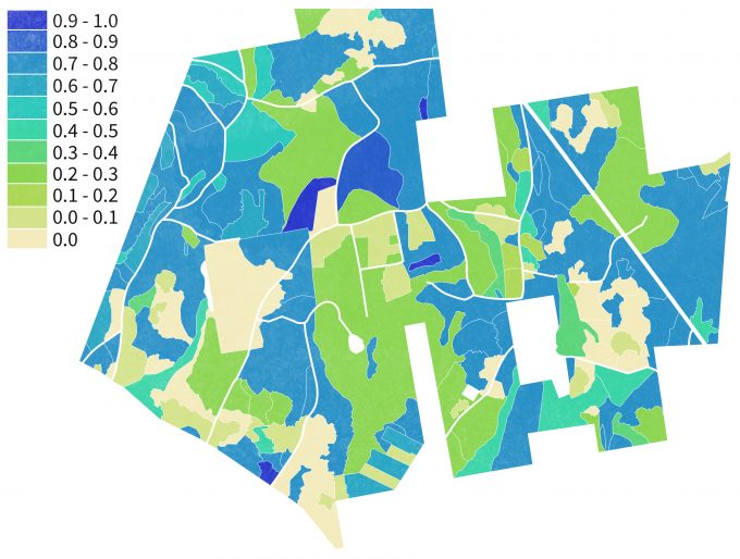 Figura 9.8. Un ejemplo de un mosaico de parches de hábitat de idoneidad variable basado en la extrapolación de datos de inventario terrestre a parches digitalizados en Cadwell Memorial Forest, Pelham, Massachusetts.