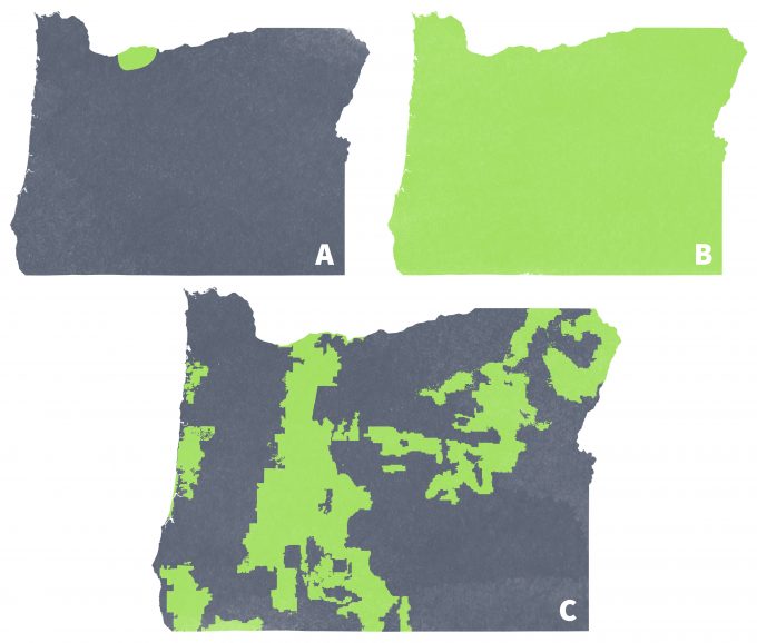Figure 12.3 Geographic range of the Larch Mountain Salamander (A) and the Pacific Chorus frog (B) and National Forests in Oregon (C). Note that nearly the entire geographic range for Larch mountain salamander is included in the Mt Hood National Forest, but that this National Forest represents only a fraction of the geographic range for Pacific treefrogs. Range maps from Tom Titus, University of Oregon, and used with permission.