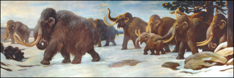 La foto (a) muestra una pintura de mamuts caminando en la nieve.
