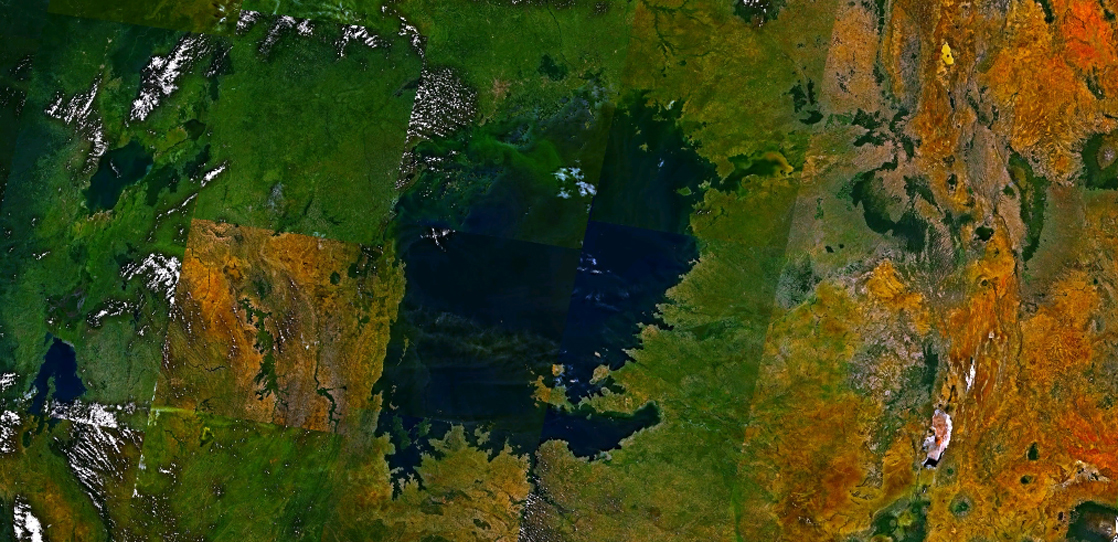 La imagen de satélite muestra un gran lago azul rodeado de tierra verde.