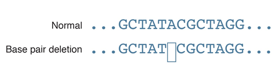 Normal muestra GCTATA... y así sucesivamente. La eliminación de pares de bases muestra GCTAT y luego un espacio en blanco antes de continuar.