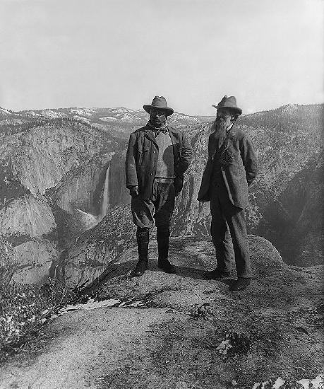 Photo of John Muir and Teddy Roosevelt on top of Half Dome, Yosemite National Park.