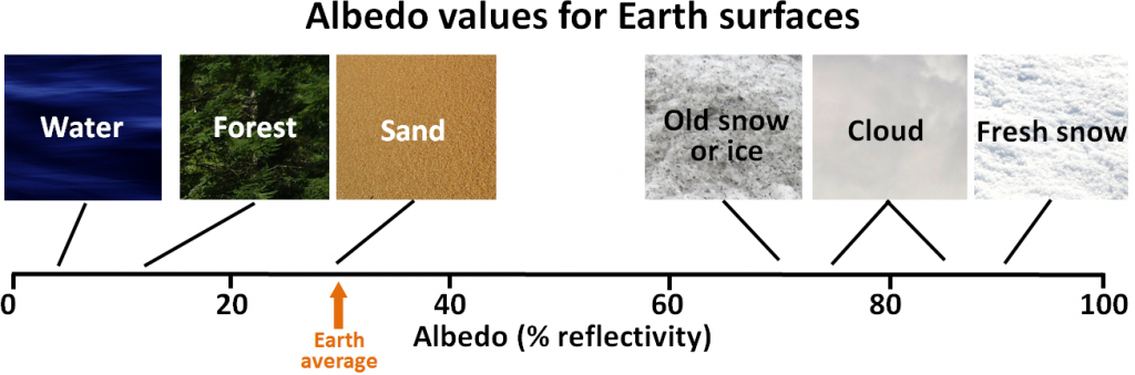 On a scale of zero to one hundred, the albedo values associated with water, forest, sand, old snow or ice, cloud, and fresh snow are depicted.