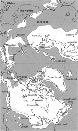 A map illustrated in black and white displaying the extent of the Laurentide Ice Sheet in the northern hemisphere. 