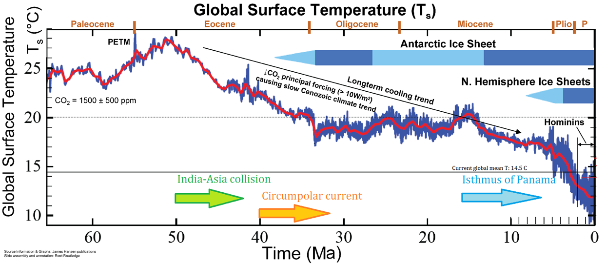 A graph plotting global surface temperature in degrees Celsius versus time, beginning 70 million years ago. Average surface temperature decreases from 23 to 12 degrees Celsius starting 50 million years ago to near present.  