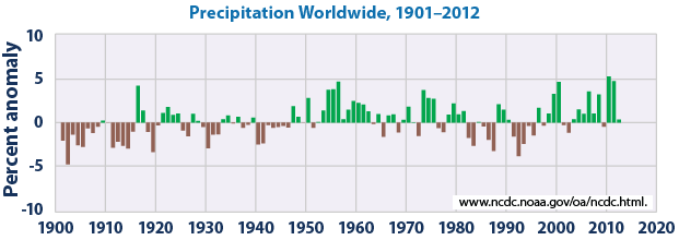 A bar graph plots worldwide precipitation levels by percent anomaly from 1900 to 2012. The graph shows that the precipitation levels had had negative percent anomalies in the early 1900s, but over time have been trending much more to higher percent anomalies, even reaching past 5% by 2012.