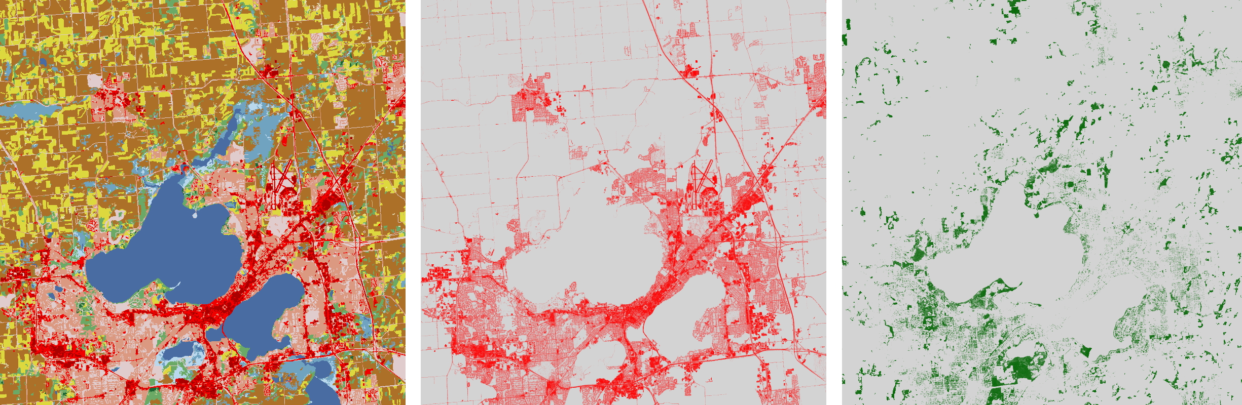 Color-coded maps of Madison, WI show that most of the area is made up of fields, with a large lake in the center. The urban spaces, in red, are largely focused around the water. There is very little canopy cover.