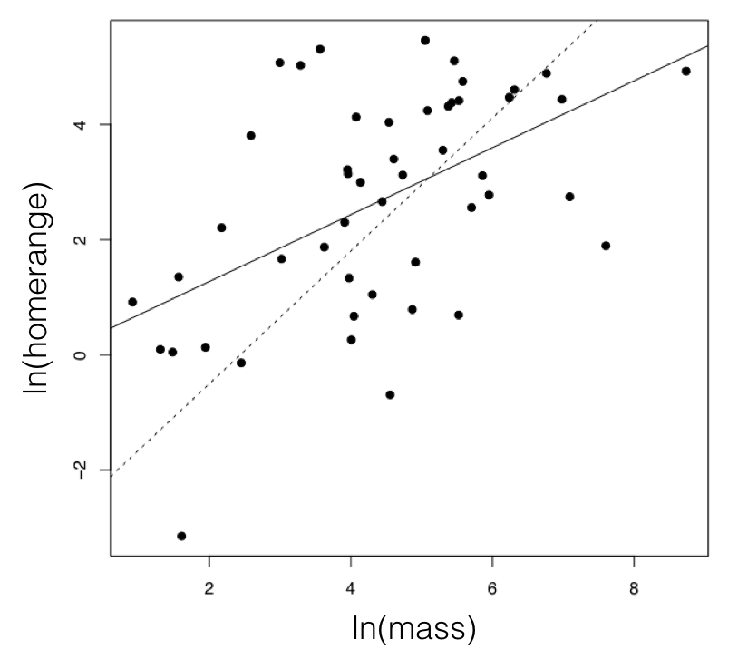 Figure 5.3. The relationship between mammal body mass and home-range size. To illustrate the effect of accounting for a tree, I plot a solid line for the regression line from a standard analysis, and dotted line from PGLS, which uses the phylogenetic tree. These methods are discussed in more detail in the next section. Image by the author, can be reused under a CC-BY-4.0 license.