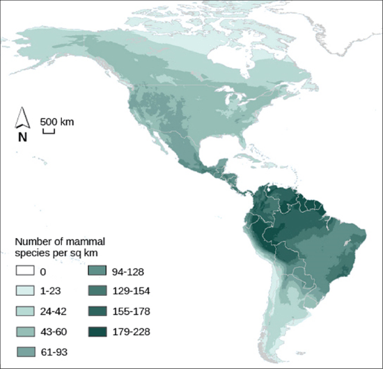 A heat map overlay of North and South America shows the number of mammal species per square kilometer, with 0 as white, dark blue as 179-228 species per square kilometer, and the colors in between representing increments of about 20 species per square kilometer. The darker, denser colors are closer to the equator in northern South America, mostly around the Atlantic Coastal region and the inland side of the upper Andes mountain range. North of Central America, the density of mammals is less than 43 to 60 per square kilometer, reaching less than 24 near the pole. In South America, the mammal density is 60 or less per square kilometer south of Brazil, mostly in Argentina and Chile, reaching less than 24 in the Atacama desert on the West Coast and the Southern tip of the continent. The Caribbean Islands mostly have a low density of less than 42.