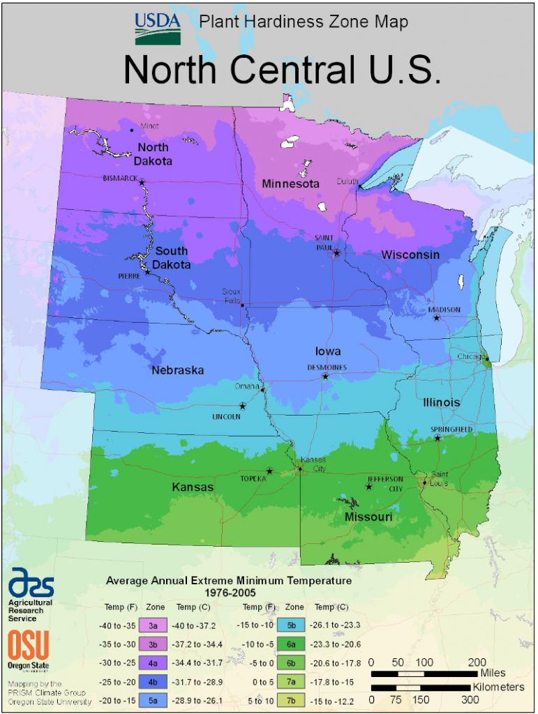 This map is used to determine which plants grow best in which regions. The map is based on the average annual minimum winter temperature, divided into 10-degree F zones. We defined cold climates in this book as zones 3 and 4. The marker points to the edge of zone 4. Below that, the lighter blue color denotes zone 5.