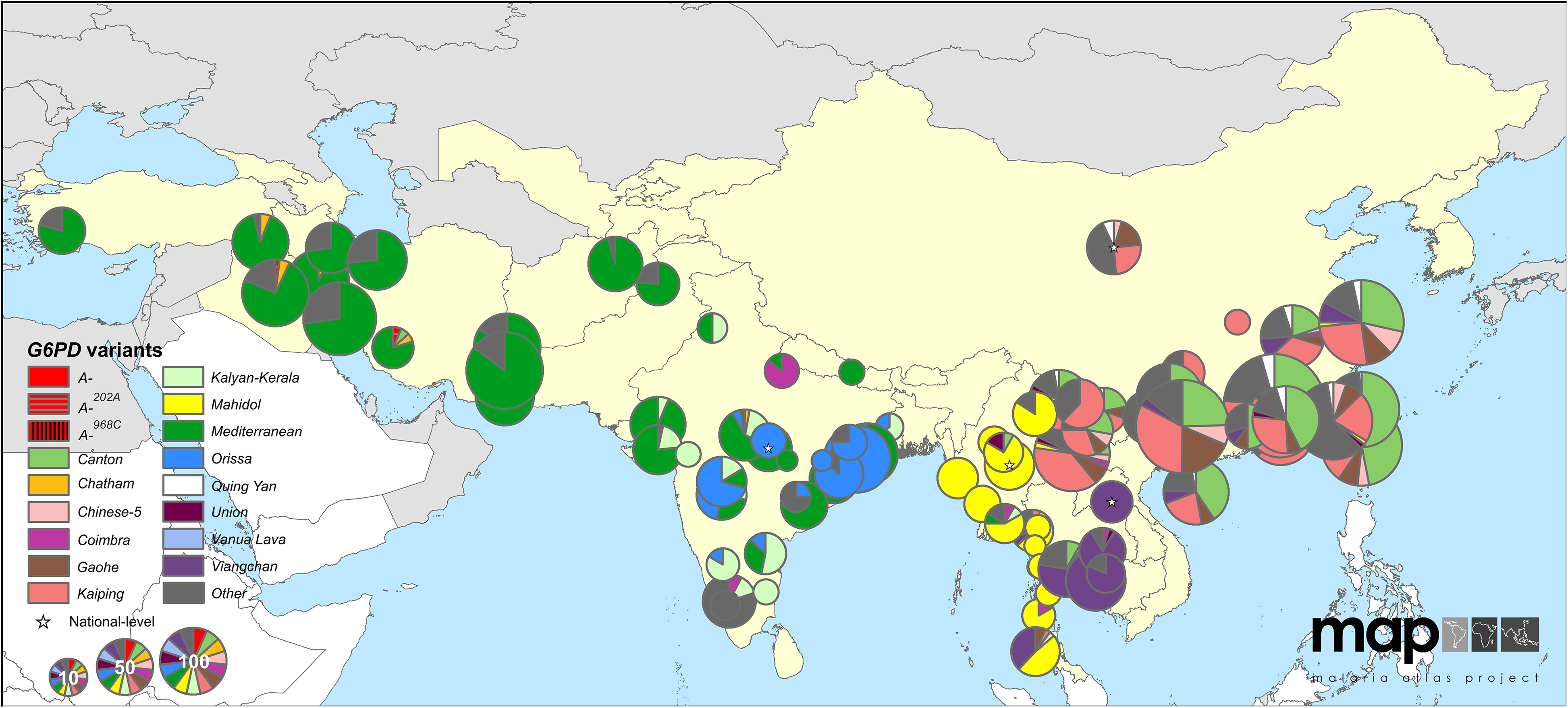 Mapa de frecuencias alélicas por deficiencia de G6PD en Asia. El gráfico circular muestra la frecuencia de los alelos por deficiencia de G6PD. El tamaño del gráfico circular indica el número de individuos muestreados con deficiencia de G6PD. Los países con malaria endémica son de color amarillo. Figura de,.