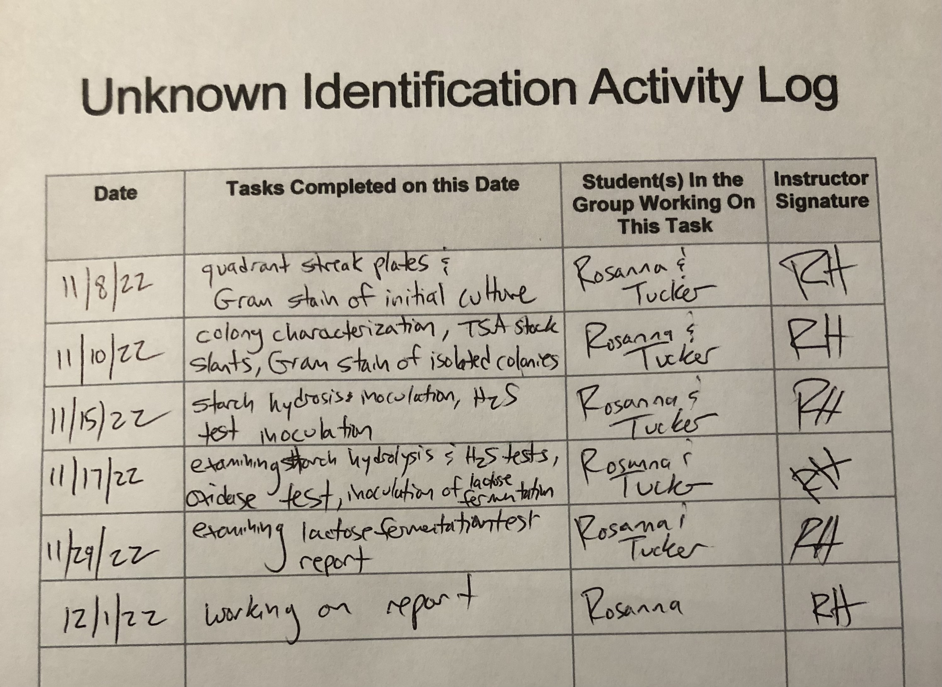 photo of completed activity log