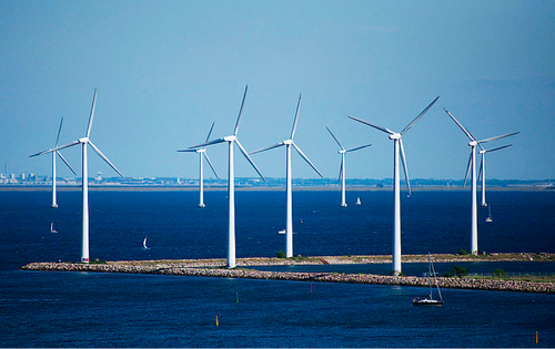Wind farm near Copenhagen, Denmark showing several wind turbines dotting the landscape.