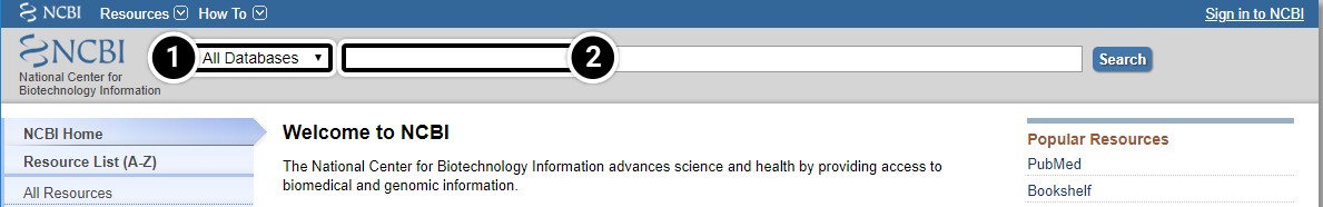 Screenshot of NCBI search bar, with the All databases dropdown highlighted.