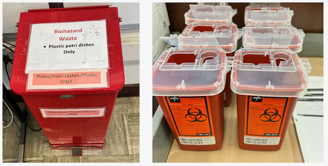 Photograph of both sharps and non-sharps biohazard containers