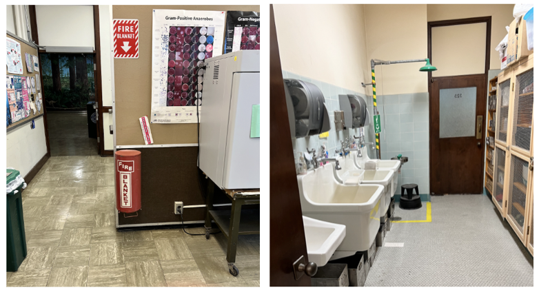 Left - location of the emergency exit and fire blanket.  Right - handwashing stations and eyewash.