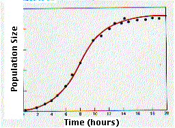 Graph showing an S-shaped logistic growth curve of population size over time in hours. Data points are marked with dots along the curve, illustrating an initial increase, plateau, and stabilization.