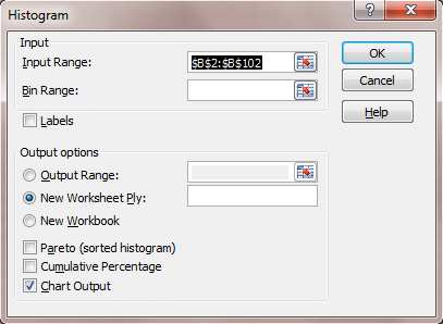 histogram settings with input range $B$2:$B$102