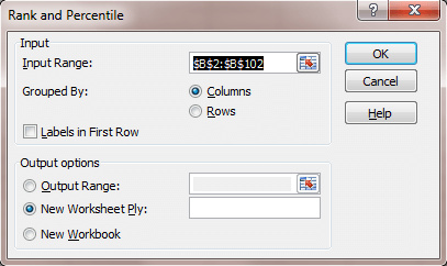 Rank and Percentile dialog box in Excel with input range $B$2:$B$102
