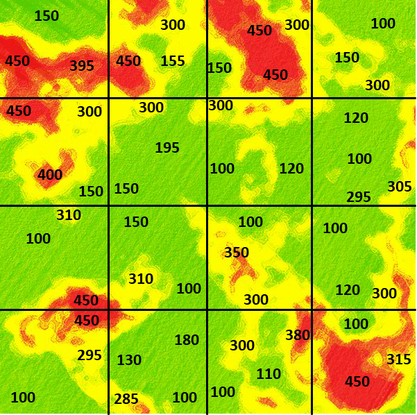 Image of a field with patches of varying potassium concentrations - red patches (380-450 ppm), yellow patches (385-300 ppm) and green patches (100-195 ppm).