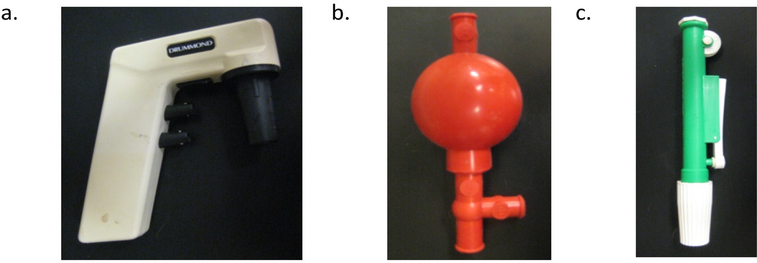 3 styles of pipeteaids: electronic (left) bulb (middle) scroll (right)