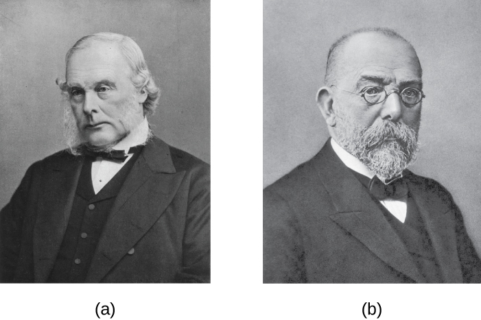 a) Picha ya Joseph Lister b) Picha ya Robert Koch