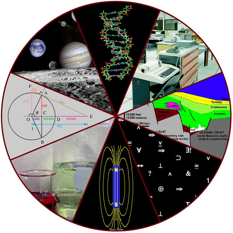 A collage illustrating the diversity of scientific fields includes a photo of planets in our solar system, a DNA molecule, scientific equipment, a cross-section of the ocean floor, scientific symbols, a magnetic field, beakers of fluid, and a geometry problem.