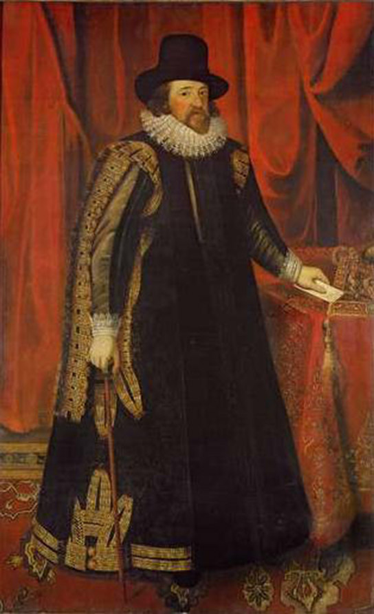 Sir Francis Bacon poses stoically holding a cane. He is wearing a long, regal robe adorned with a frilled collar and a top hat.