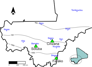 Map of Location of Phenotyping Sites in Mali and Isohyets Over the 1981&ndash;2010 Period. Green triangles highlighting Sotuba, Cinzana, Farako