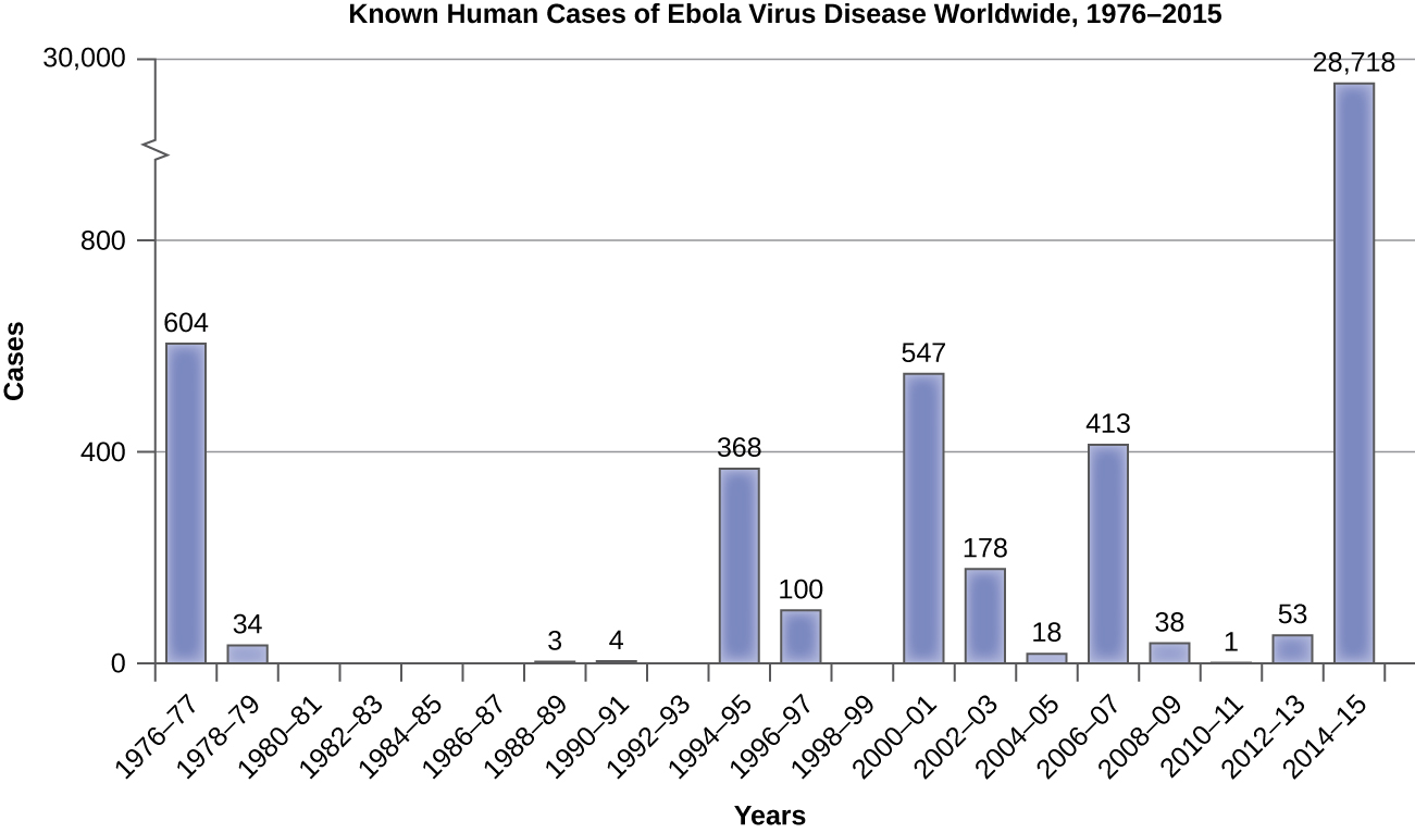 Graph of Known human cases of Ebola virus diseases worldwide from 1976 – 2015. There were 604 in 1976-77. There were 44 in 1978-79. There were 0 from 1980 – 87. There were 3 in 1988-89. There were 4 in 1990-91. There were 368 in 1994-95. There were 100 in 1996-97. There were 0 in 1998-99. There were 547 in 2000-2001. There were 178 in 2002-2003. There were 18 in 2004-2005. There were 413 in 2006-2007. There were 38 in 2006-2007. There were 38 in 2008-2009. There was 1 in 2010-2011. There were 53 in 2012-2013. There were 28,718 in 2014-2015.