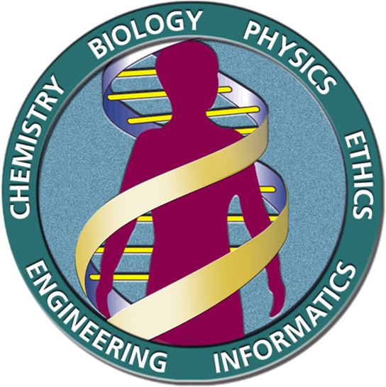 Se muestra el logotipo del proyecto del genoma humano, que representa a un ser humano dentro de una doble hélice de ADN. Las palabras química, biología, física, ética, informática e ingeniería rodean la imagen circular.