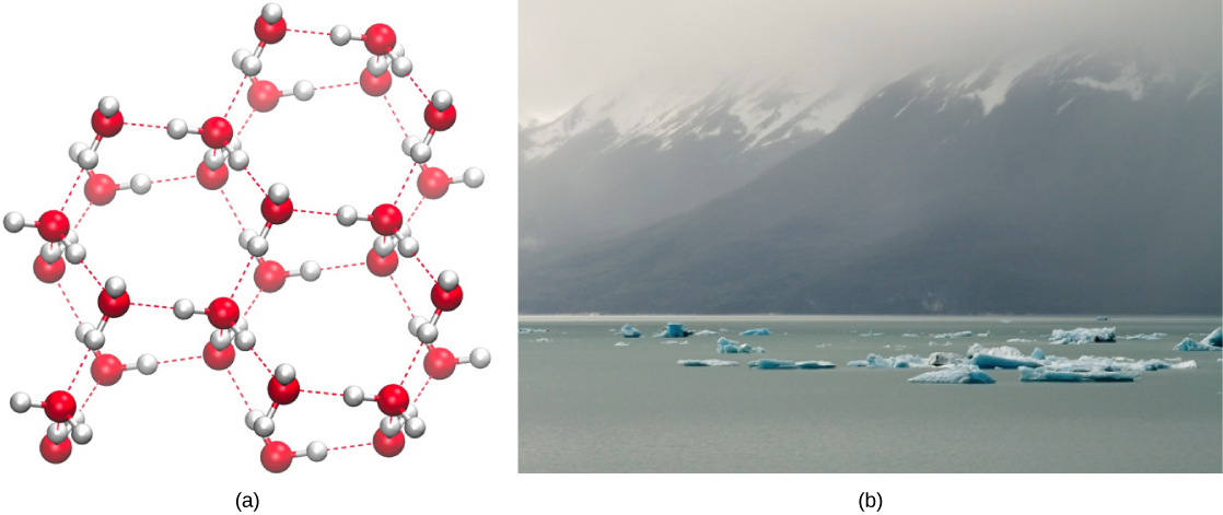 Figure A shows the lattice-like molecular structure of ice. Figure B shows a body of water with chunks of ice floating on its surface. There is a foggy backdrop of snow-capped mountains in the distance. 