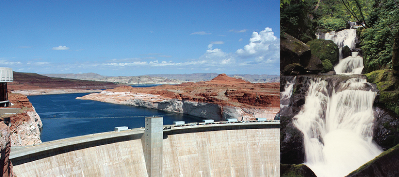 На фото зліва зображена вода за греблею як потенційна енергія. На фото праворуч зображений водоспад у вигляді кінетичної енергії.